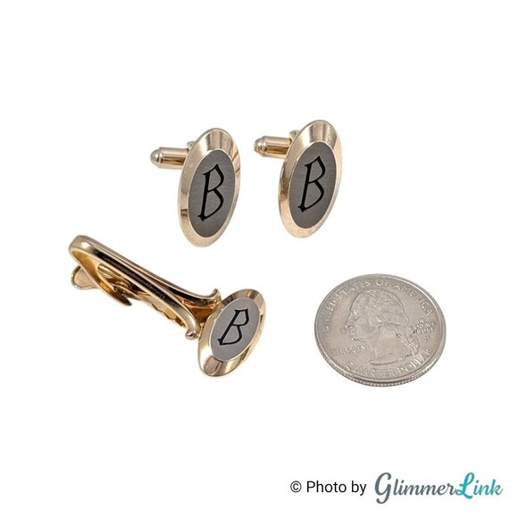 Vintage Hickok USA Monogram B Cufflinks and Tie Bar Jewelry Set Gold Tone Oval - Picture 6 of 10